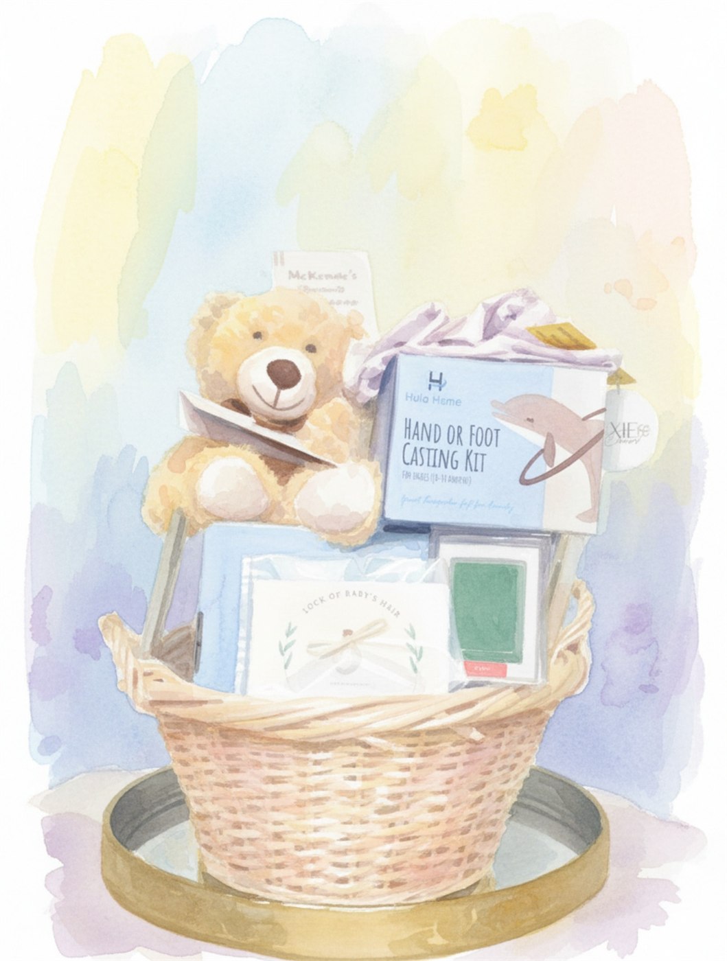 A watercolour of a memory-making kit: a keepsake basket holding a comfort bear, a hand and foot casting kit, an ink pad, and a lock-of-hair keepsake